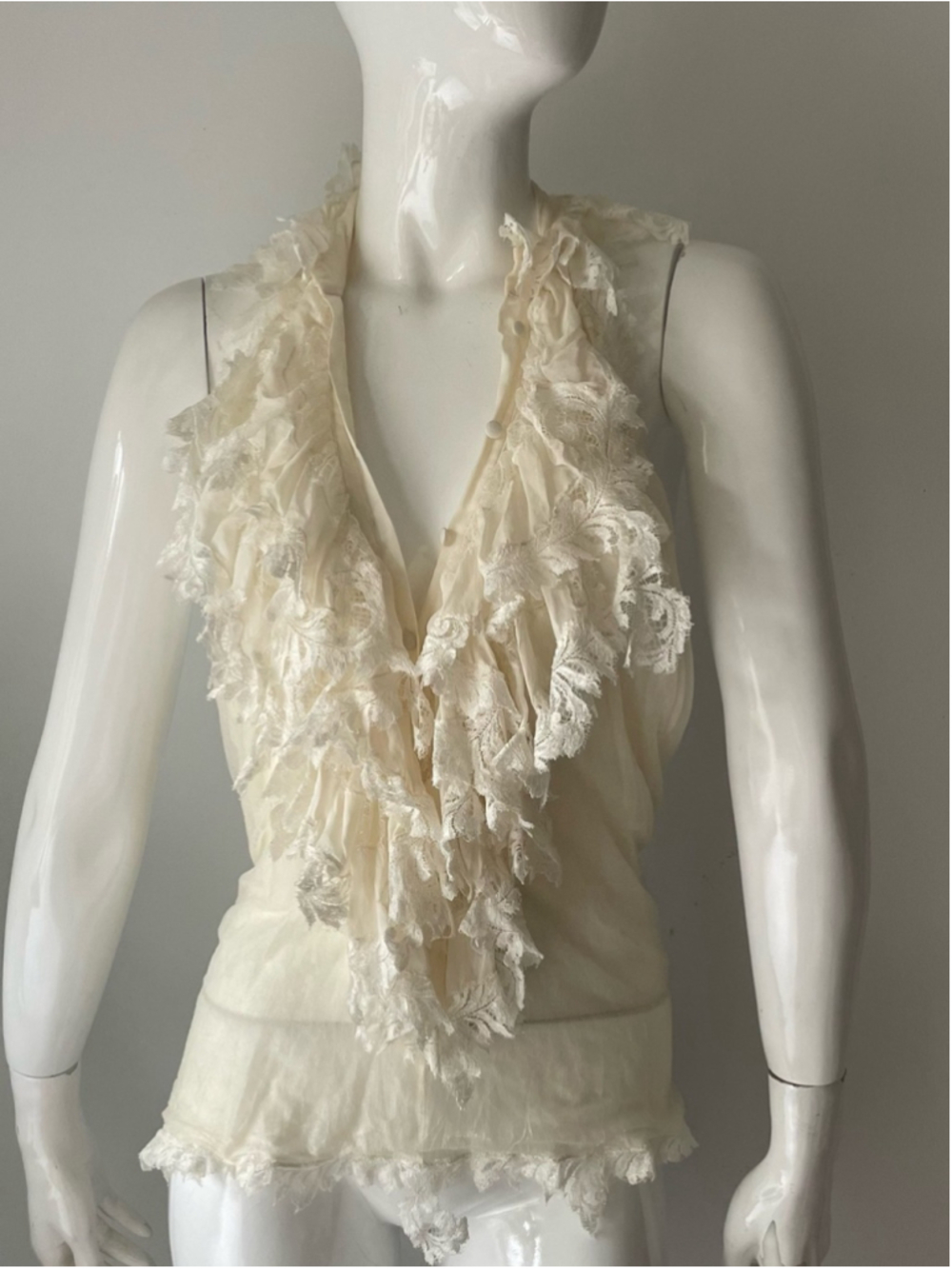 Roberto Cavalli Silk Lace Ruffle Halter Top Ivory open back button front - Picture 3 of 7